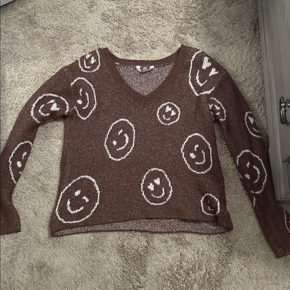 No Boundaries Brown V-Neck Sweater with Smiley Faces